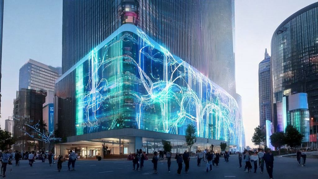 AI marketing technology demonstration in a futuristic city, including personalized ad delivery and multilingual content generation