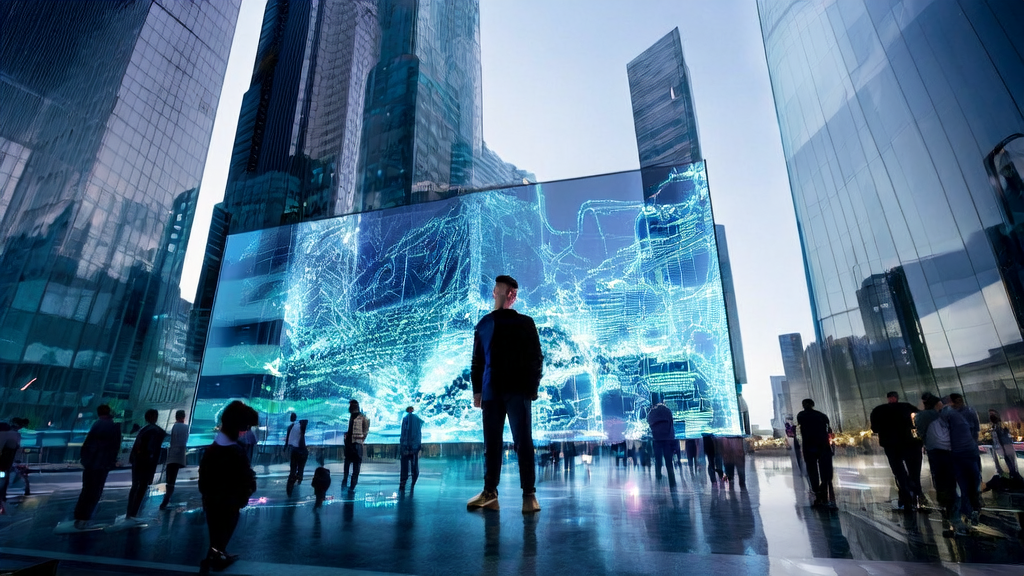 AI marketing in a futuristic city: showcasing how advanced computing power and data analysis enable efficient and precise customer acquisition channels.
