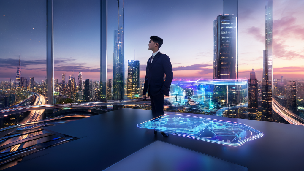 In the futuristic city, an entrepreneur explores new marketing channels using AI technology