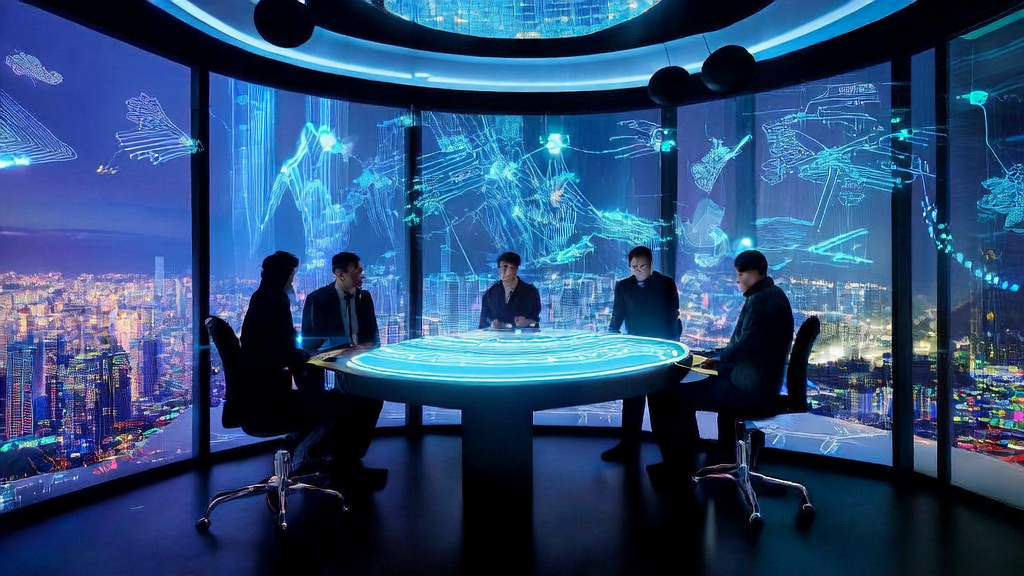 In a high-rise office in a futuristic city, a team is discussing AI marketing strategies with data charts and the TRAE2.0 programming tool interface displayed on the screen.