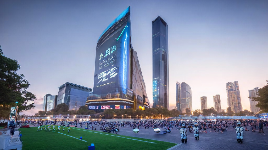 A futuristic city center featuring a tech skyscraper and robot soccer match, showcasing the integration of AI marketing and technological innovations