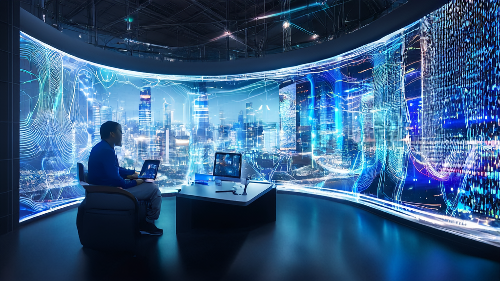 A data analyst in a futuristic city uses AI prediction models to screen high-potential clients, while a content creator generates professional marketing videos using MuseSteamer