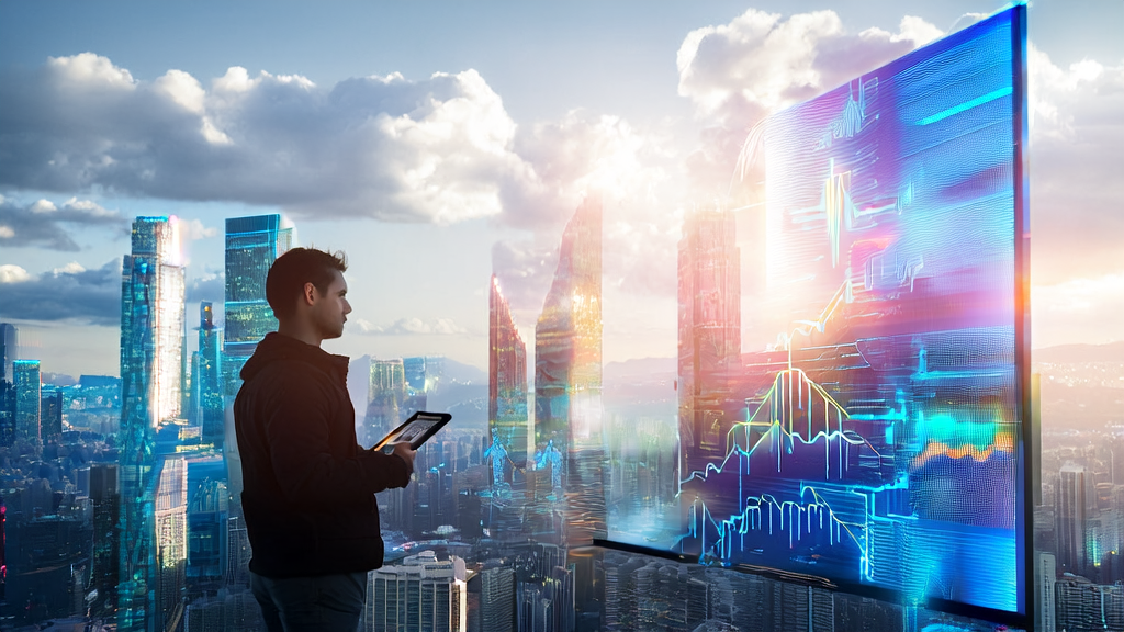 Entrepreneur in a futuristic city using AI technology to develop cost-effective customer acquisition strategies