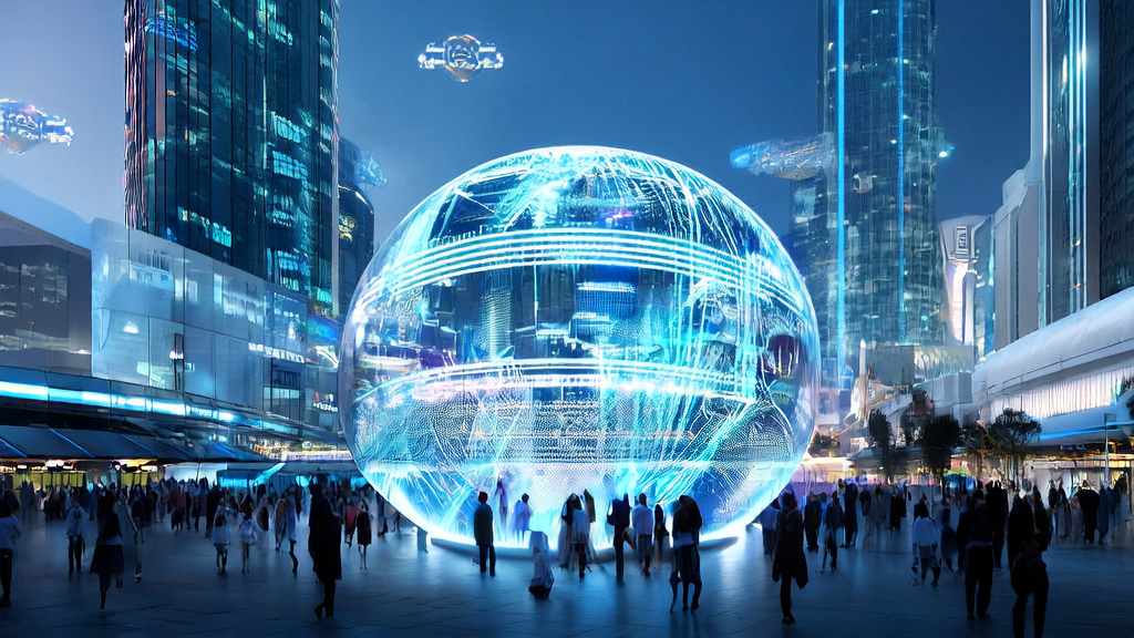 AI marketing innovation and customer acquisition strategies showcased in a futuristic tech city