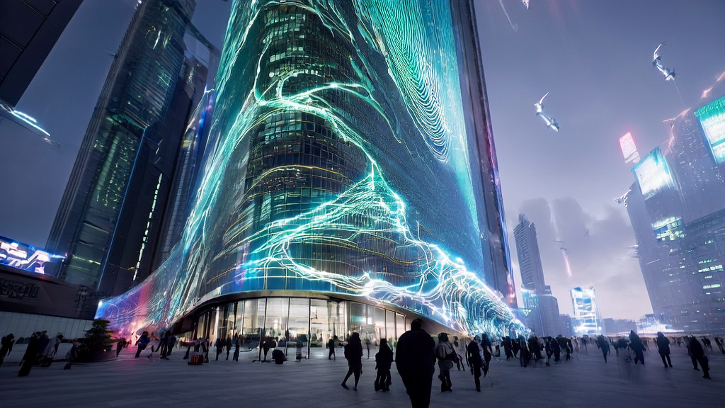 AI Marketing in a Futuristic City: Intelligent Data Processing and Customer Interaction Amidst Skyscrapers