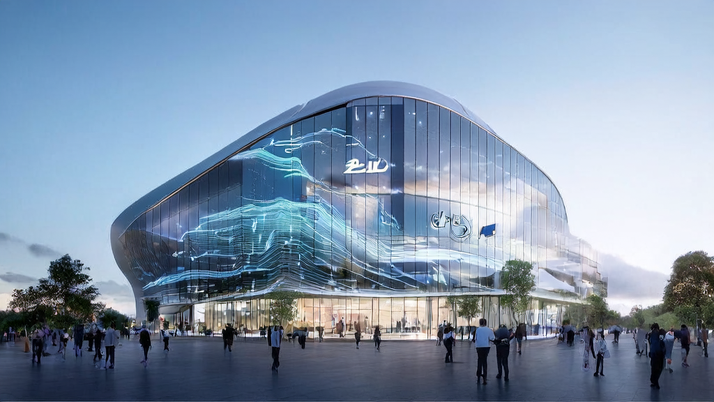 A futuristic AI marketing company building showcasing the application of AI technology in digital marketing
