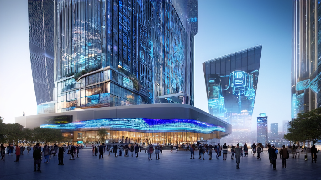 A modern teaching building in a futuristic city where students interact with virtual teachers via smart screens, experiencing personalized learning with New Oriental's AI1-on-1 product.