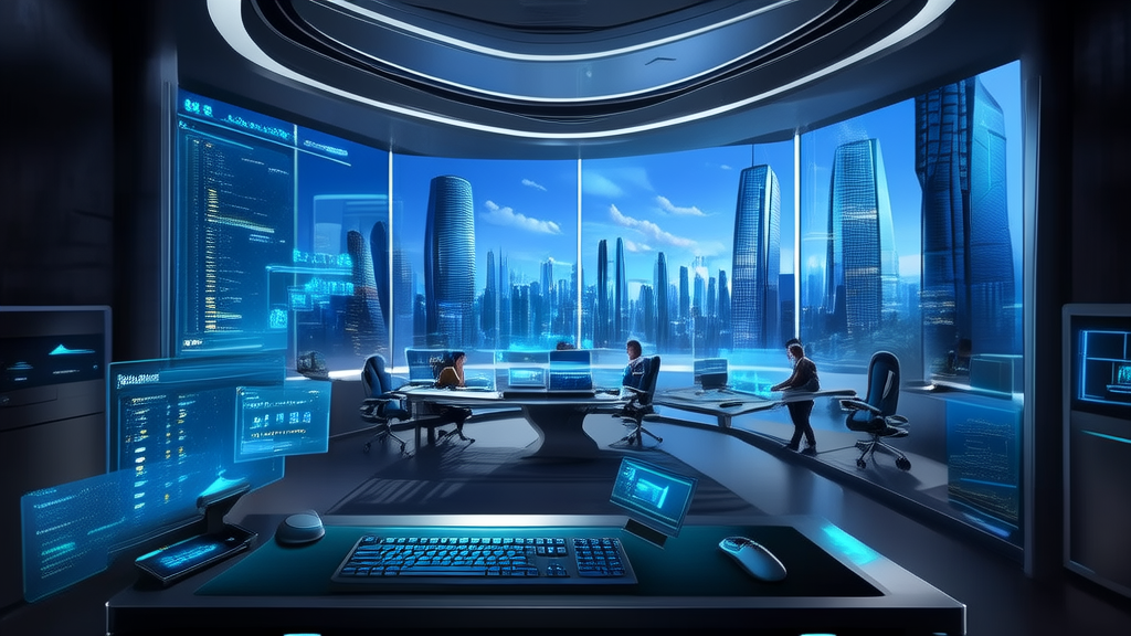 Interior of a high-tech company showcasing the real-time operation interfaces of Ele.me's AI assistant "Xiao E" and Twitter data analysis