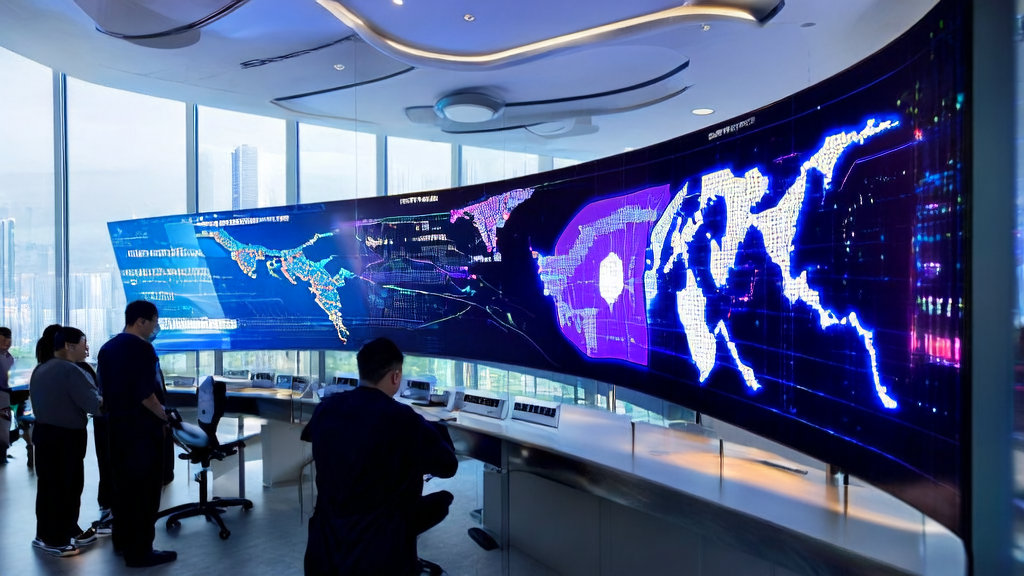 A futuristic office where employees use Grok4 for cross-border e-commerce, showcasing the power and potential of AI marketing.