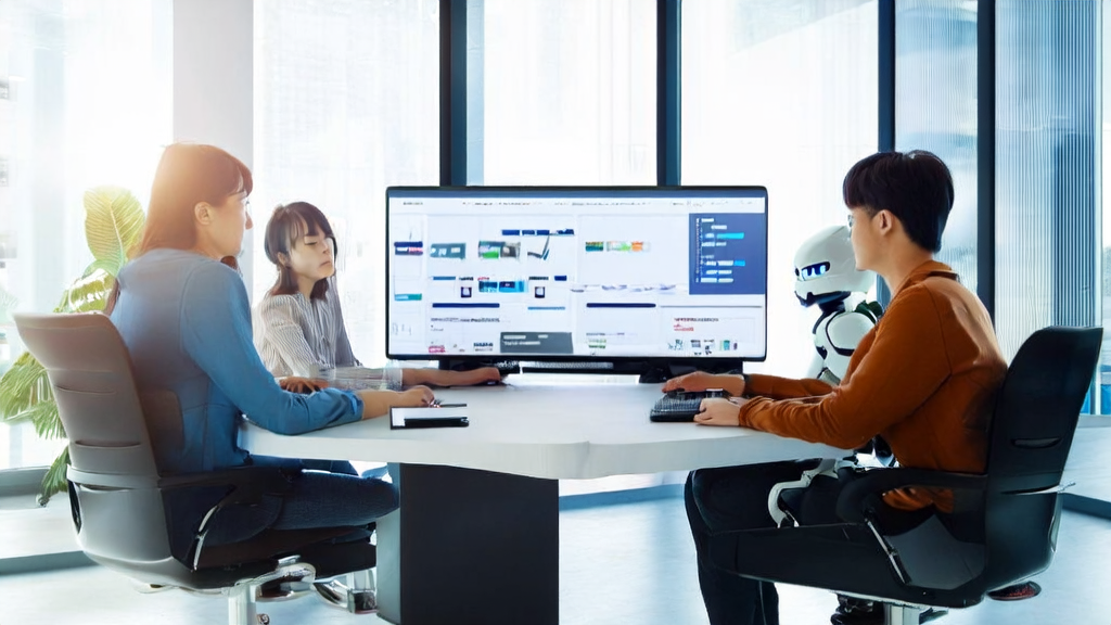 In a tech-filled office, entrepreneurs are discussing AI+marketing strategies using the SenseTime platform, with a flowchart on the wall illustrating data collection to customer engagement processes.