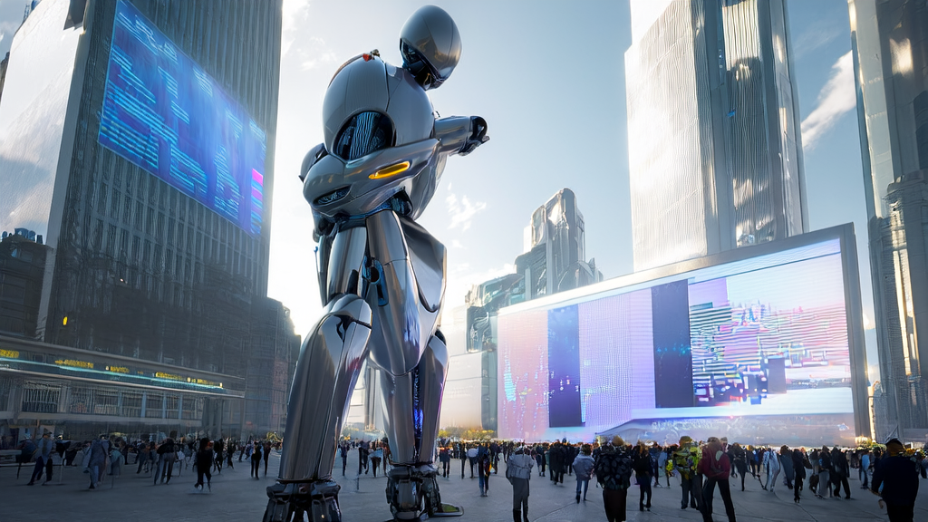 Intelligent robot showcasing AI marketing innovations in a future city