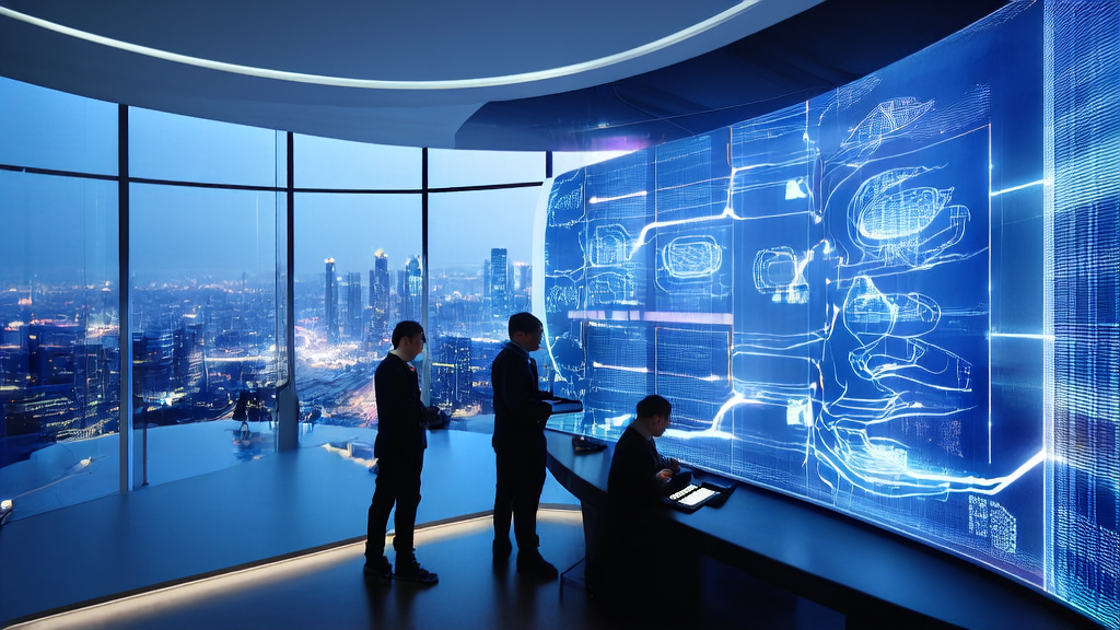 A futuristic innovation laboratory where young scientists are using AI technology to clean and process customer data.