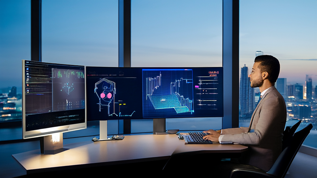 Marketing manager using AI tools to optimize LinkedIn client management in a futuristic office