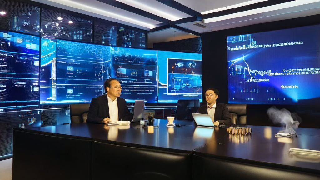 黄仁勋与闫俊杰在充满科技感的会议室中讨论AI驱动的客户获取解决方案