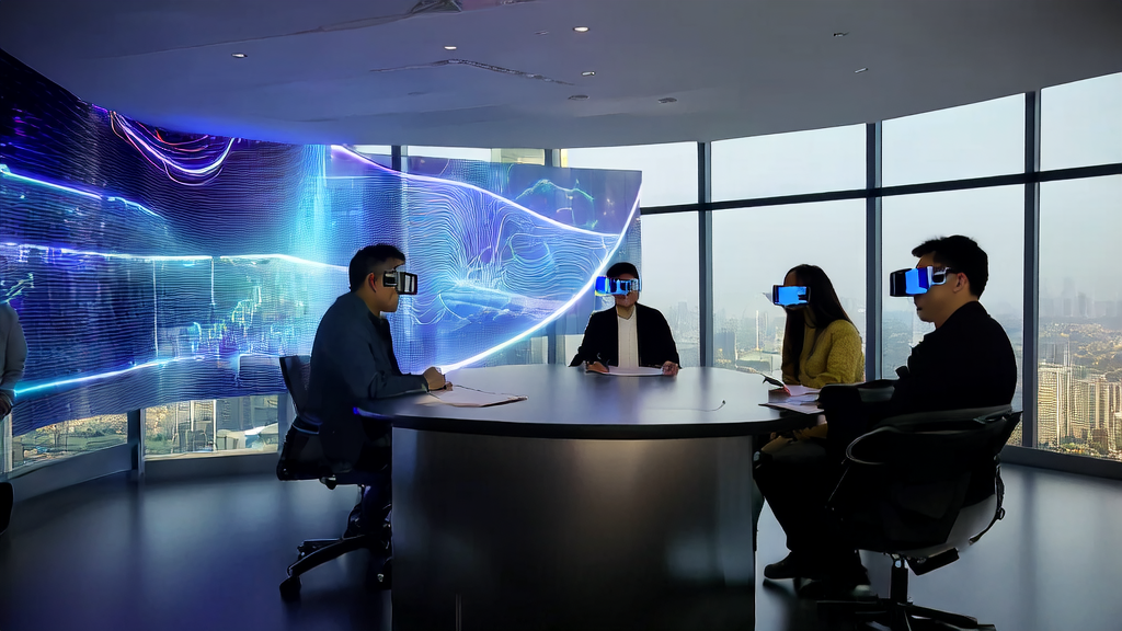 High-tech company employees conducting a virtual meeting using AI glasses, with the bustling scenery of a futuristic city in the background