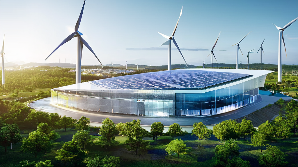 A futuristic new energy factory showcasing the innovative applications of AI marketing technology in the new energy industry