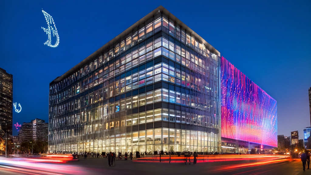 Night cityscape with a modern office building illuminated at night, employees working intensively inside, and the Meta logo shining on the skyline.