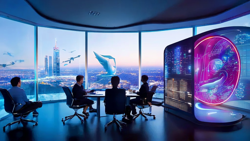 现代化办公室中，营销专家利用AI技术分析用户行为数据，背景为繁华城市景观