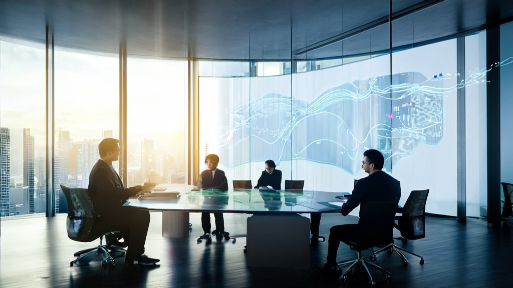 Marketing team in a modern office using AI technology for real-time data analysis and customer engagement