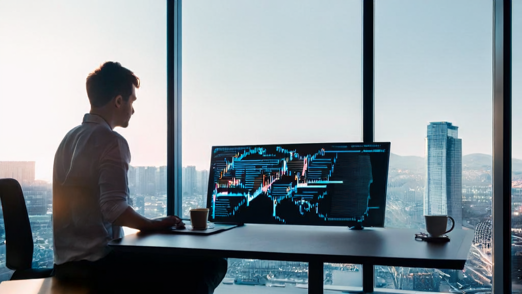 An entrepreneur using an AI smart acquisition system in a modern office, with the screen displaying data analysis and marketing strategies.