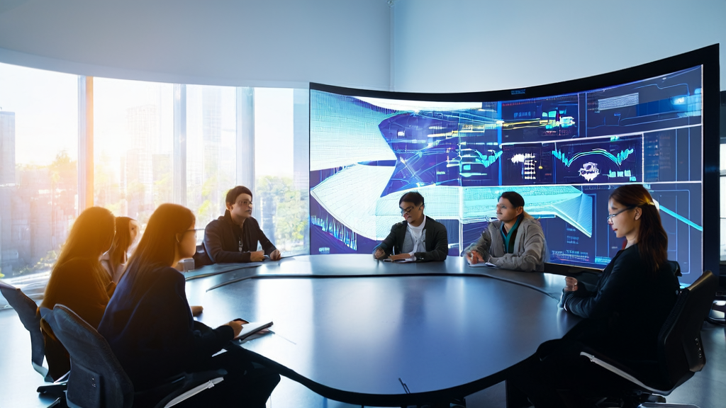 阳光照耀下的现代化办公室里，营销团队正在热烈讨论AI驱动的内容营销策略