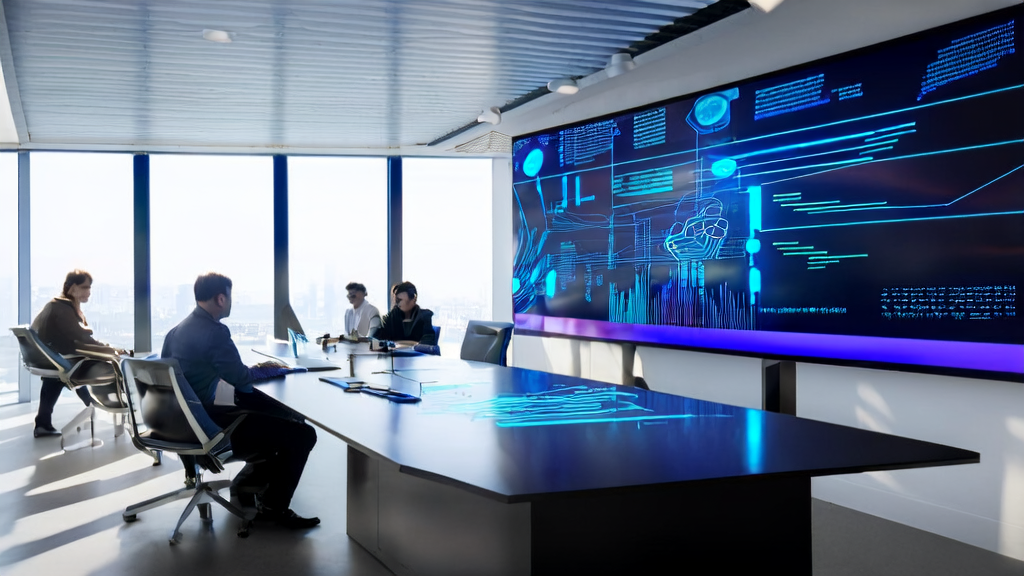 Professionals in a modern office discussing AI-generated slides during a meeting