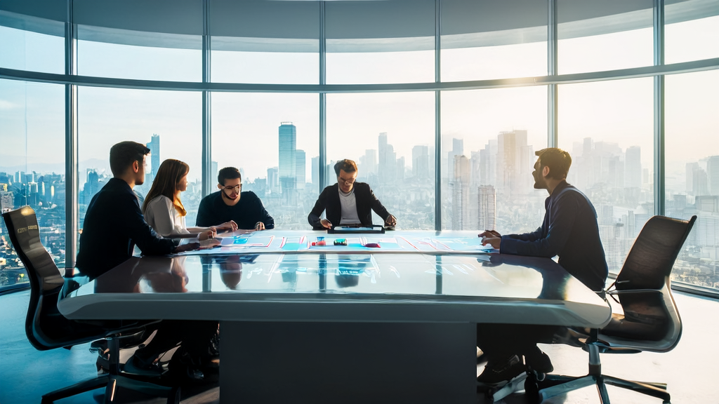 Entrepreneurs using Modao AI for product design and marketing discussion in a futuristic office