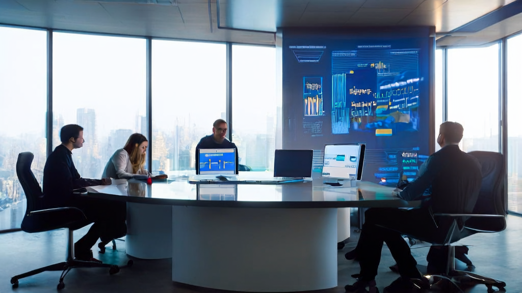 Marketing team discussing AI marketing strategies in a high-tech office