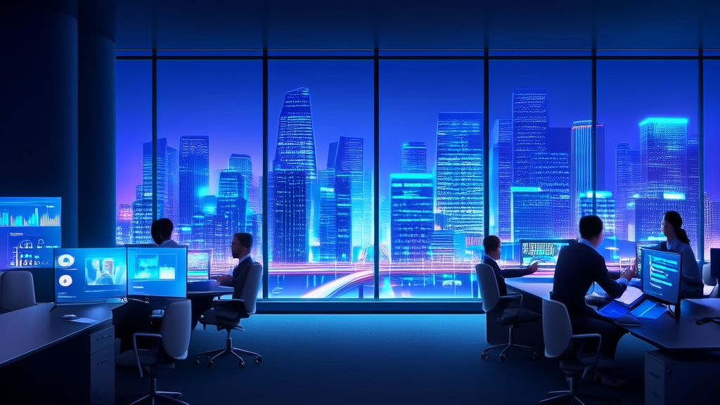 夜晚的现代办公室内，团队成员正在使用AI+营销工具进行创意讨论和数据分析