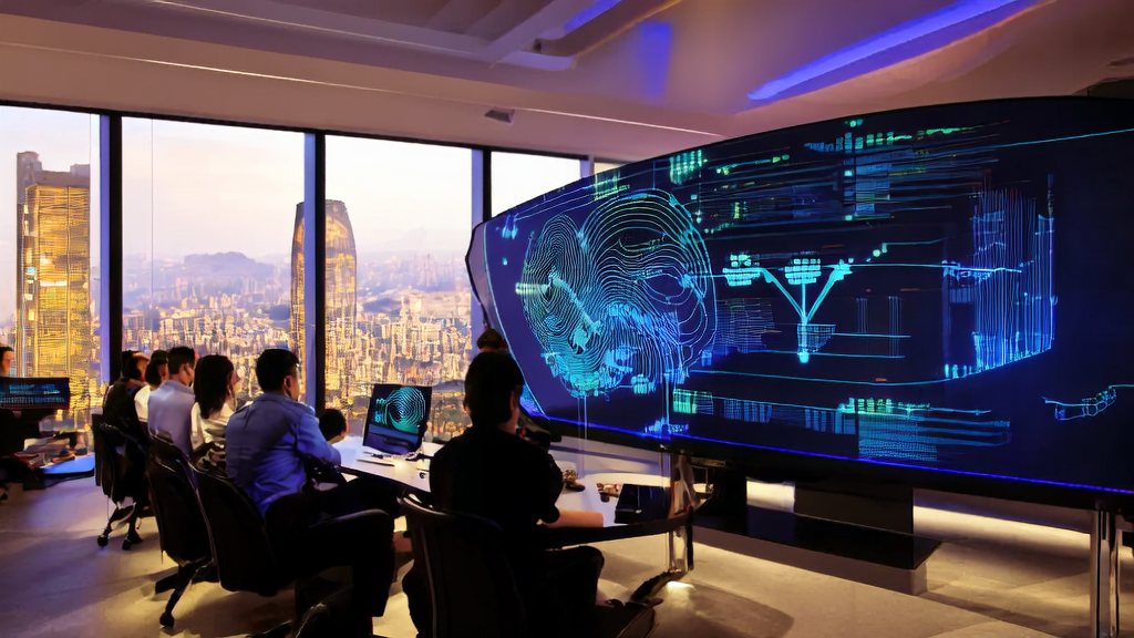 Professionals in a modern office using AI technology for customer data analysis and marketing strategy planning