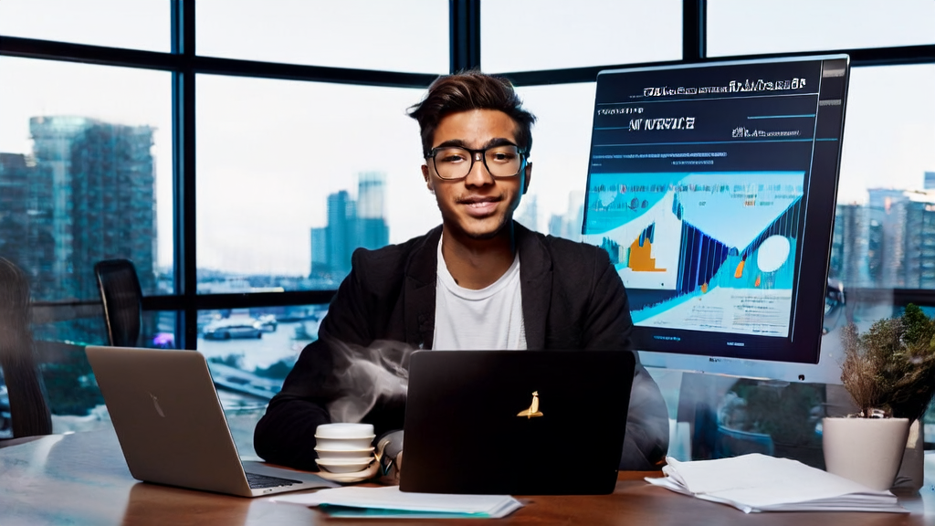 A young entrepreneur using QwenChat for web development and Google Maps for client acquisition in a modern office setup