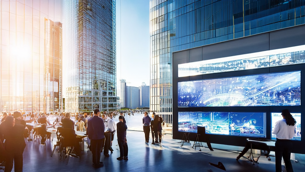 A modern office building bathed in sunlight, with an AI marketing team working diligently, screens displaying complex algorithms and user data charts.