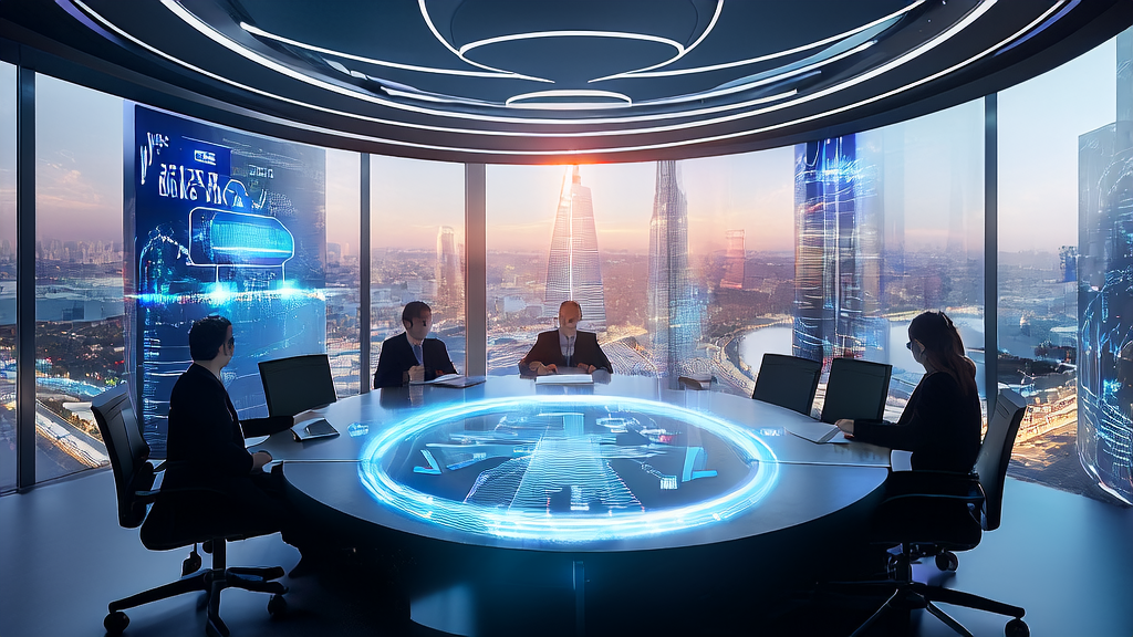 AI marketing team discussing precision customer acquisition strategies in a futuristic cityscape