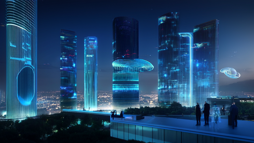 未来科技城市中，商务人士利用AI技术进行精准营销和市场分析。