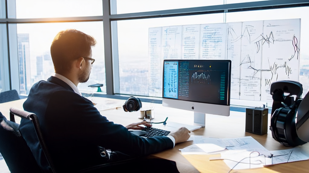 A modern office bathed in sunlight, showcasing AI-driven client acquisition solutions and Suno v4.5+'s vocal replacement feature