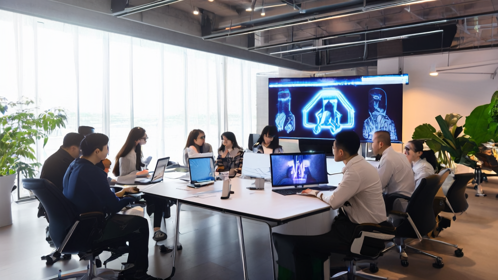 AI marketing innovation in action: A creative team using Jimeng AI to generate marketing materials in a modern office setting