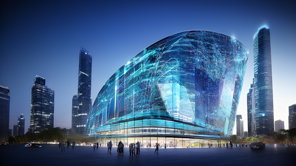 AI marketing hub in a futuristic city where technicians use 4D-LRM technology for customer selection and behavior prediction