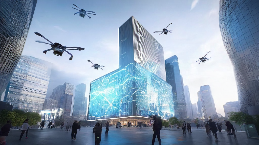 In a futuristic city, people interact with AI technology through smart devices, showcasing the new era of AI marketing.