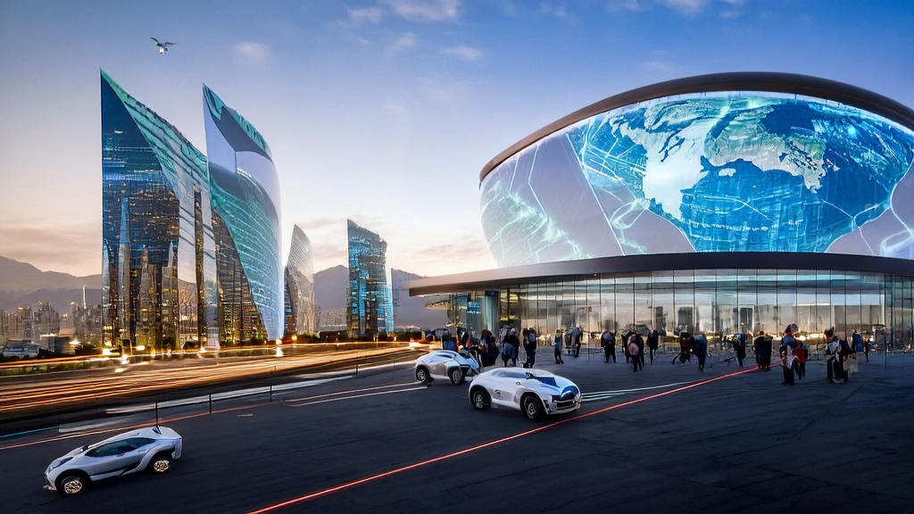 Tech professionals in a futuristic city using AlphaEarth Foundations for global market analysis