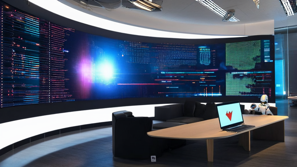 未来城市的高科技办公室内，展示亚马逊Nova Premier AI模型和Twitter数据分析的场景