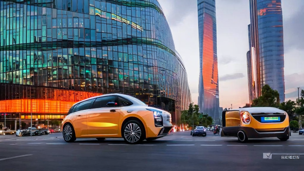 A futuristic city at sunset with Baidu Apollo Go autonomous taxi by the roadside, showcasing AI-driven innovative customer acquisition channels