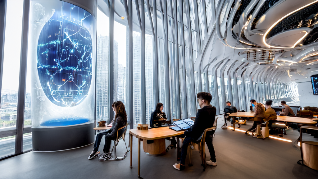 未来城市的高科技办公楼，展示AI生成图像和个性化营销内容，年轻创意工作者在咖啡厅讨论AI营销策略，使用B站“代号H”AI创作工具。
