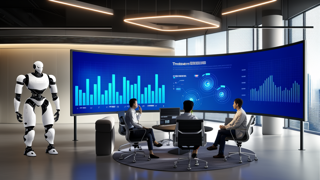 展示AI和营销结合的现代办公室场景，背景有代表Dream 7B的大型AI机器人模型和Twitter数据分析图表。