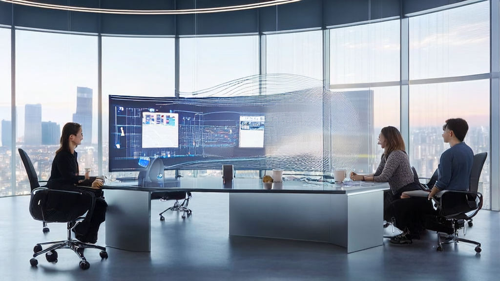 团队在现代化办公室中利用Eigent多智能体系统进行AI营销策略讨论