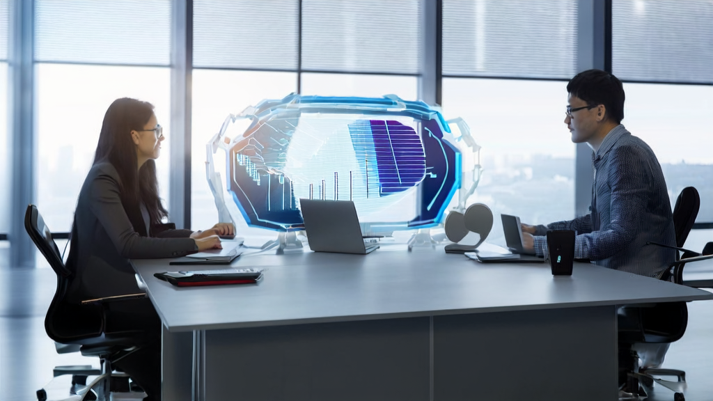 Employees in a modern office using NVIDIA Jetson Thor for AI marketing data analysis