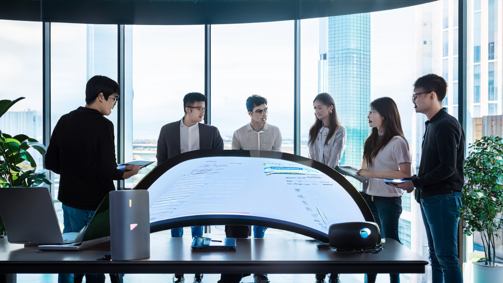 Young entrepreneurs in a modern office discussing the future of AI marketing with Kimi's global PPT generation feature