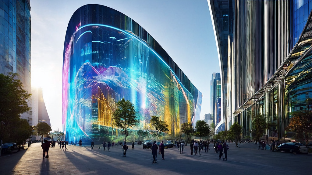未来城市中的科技公司利用AI技术和MotionPro进行视频生成和精准营销