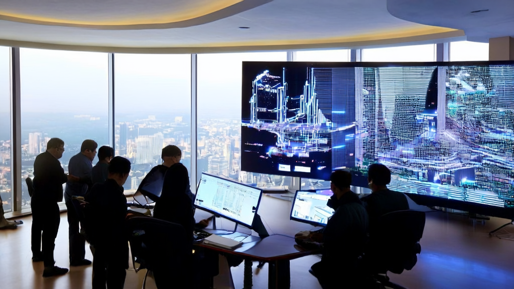 Scientists showcasing an AI-generated 3D model with physical properties in a lab, with a cityscape in the background