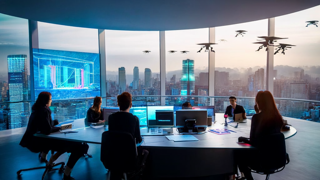 AI marketing experts are discussing how PyTorch 2.8 can revolutionize customer acquisition channels, with a futuristic city skyline in the background.