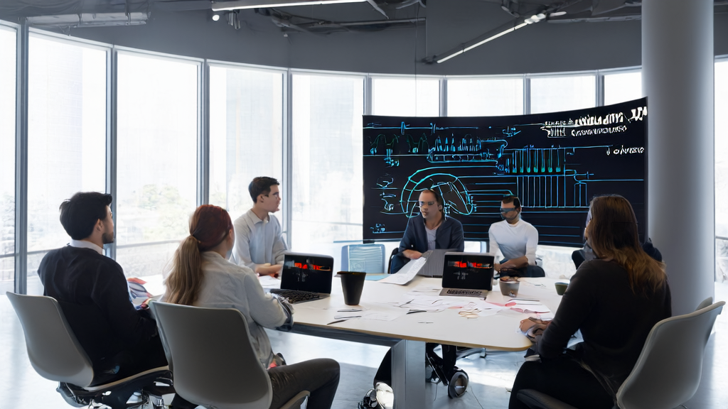 Young entrepreneurs in a modern office using AI prediction models to analyze customer data, with the slogan "Vinsoo: Cloud Collaboration, Intelligence in the Future" on the wall.